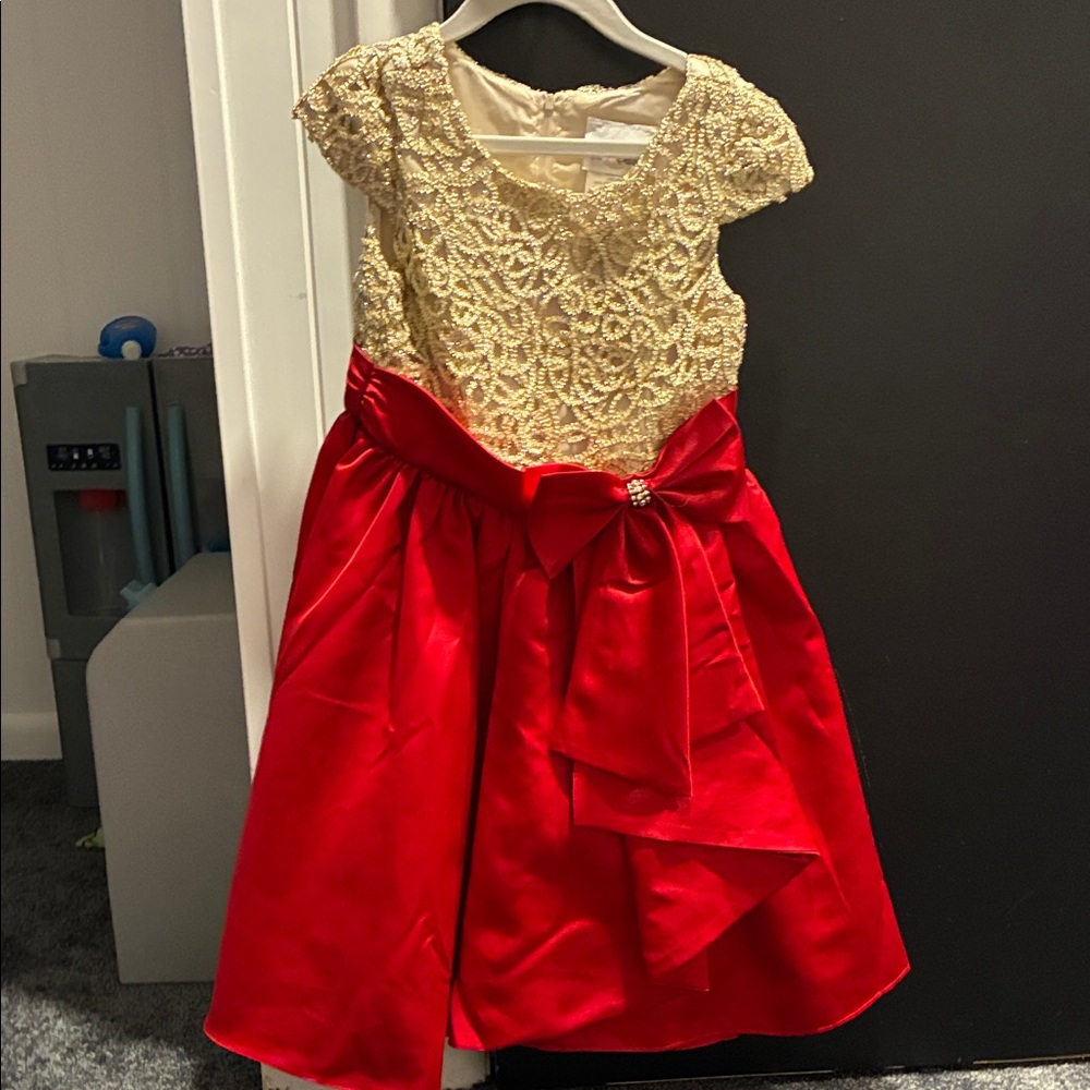 Rare Editions Gold Lace and Red Satin Kids Dress